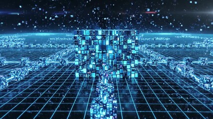 Abstract digital landscape with glowing blue grid and geometric blocks extending into space - Powered by Adobe