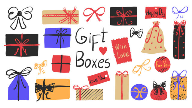 Fototapeta Gift boxes and bows vector hand drawn set. Different Illustrations of various packages  with ribbons and bows, tags with inscriptions. Holiday stickers