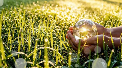 Hands holding a glass globe with earths continents, surrounded by dewy green grass and golden sunlight