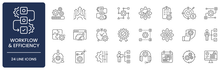 Business Operations and Workflow Efficiency Line Icon Set with Editable Stroke. Collection of optimization, process flow, automation, productivity, algorithm, quality assurance, and strategy symbols.