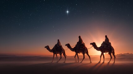 Epiphany. Three kings with camels walking through the desert