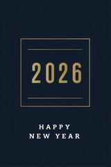 Minimalist golden 2026 logo with frame and 'Happy New Year' text on a dark blue background