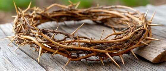 Religious symbolism of Jesus' hand with crown of thorns and nails, lying in white sand next to wooden cross and old bible page