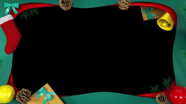 Christmas frame with Christmas tree, presents gift, bells, candy cane, leaf's and light shinning animation