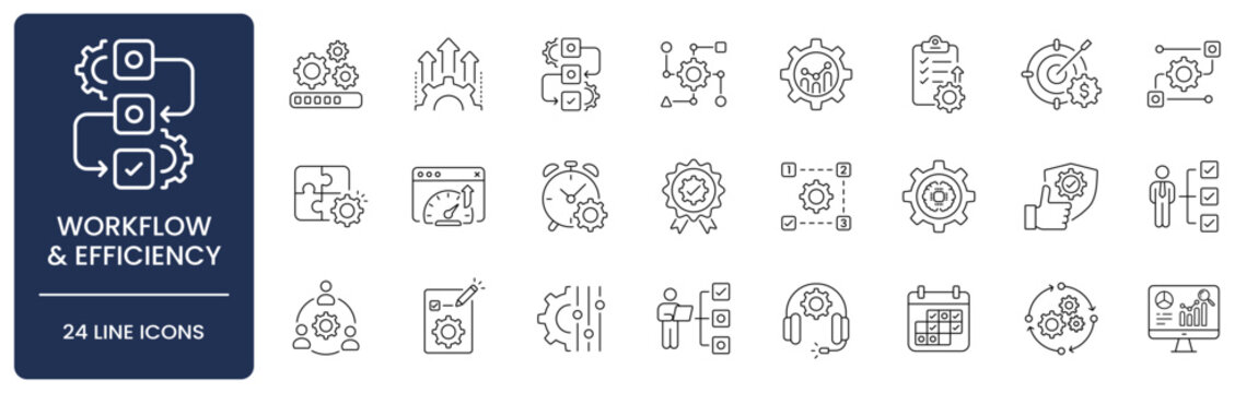 Business Operations and Workflow Efficiency Line Icon Set with Editable Stroke. Collection of optimization, process flow, automation, productivity, algorithm, quality assurance, and strategy symbols.