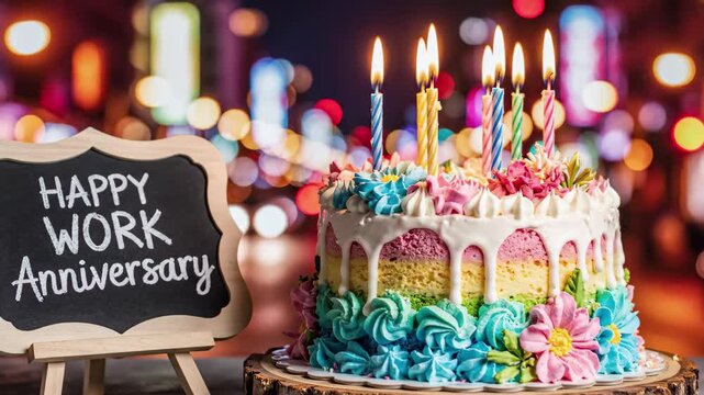 Colorful cake with lit candles and a happy work anniversary sign against a bokeh background
