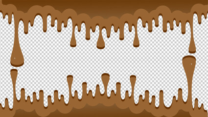 Wavy chocolate drip illustration. Choco border fresh dripped illustration background. Chocolate dripping on transparent pattern background. Dripping ice cream illustration. Melting syrup illustration.