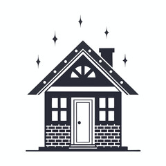 A cute monochrome small home with a brick foundation sits under shining stars