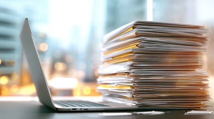 A considerable stack of paperwork sits next to an open laptop on a desk, illuminated by natural light from nearby windows in a bustling office atmosphere.