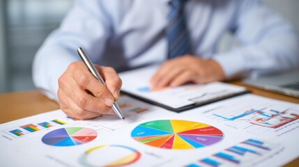A business professional focuses on financial analysis by studying pie charts and bar graphs on a table. The individual takes notes with a pen while reviewing data on paper.