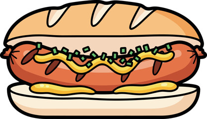Cartoon Hot Dog with Mustard and Green Toppings on a Plate.