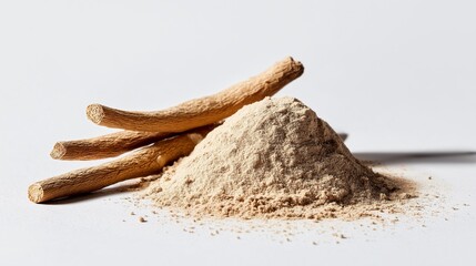 Ashwagandha root and powder displayed on white background for health and wellness use