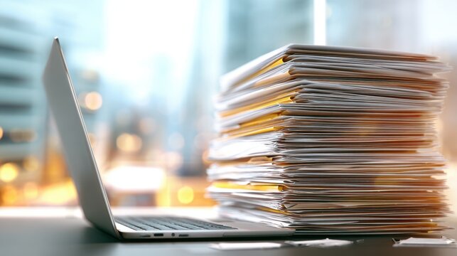 A considerable stack of paperwork sits next to an open laptop on a desk, illuminated by natural light from nearby windows in a bustling office atmosphere.