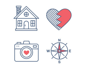 A collection of four icons representing home, broken heart, camera, and compass.