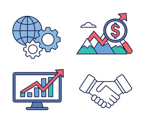 Icons representing business growth, finance, and global industry are displayed.