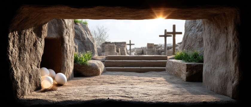 Emptiness of the tomb reveals light of resurrection with ancient cross at sunrise symbolizing hope and renewal during Easter festivities