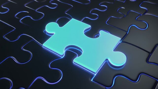 Cyan Glowing Jigsaw Puzzle Piece Above Darkened Puzzle Background Lit by Neon Border