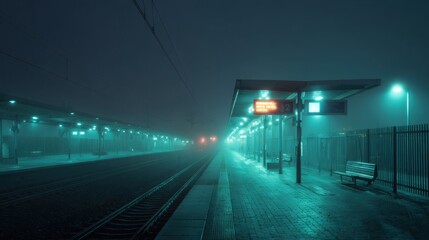 A quiet train station sits in dense fog during the late night hours. Soft blue lights illuminate the platform, creating an eerie yet tranquil atmosphere. The tracks are empty and silent.