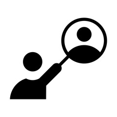 Icono de búsqueda humana. Selección de talento. Persona levantando la mano sosteniendo una lupa con un usuario dentro. Ilustración vectorial