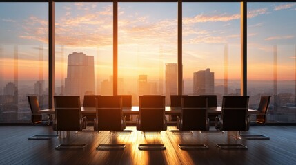 A spacious conference room features a long table surrounded by chairs, with large windows revealing a breathtaking sunset over a city skyline.