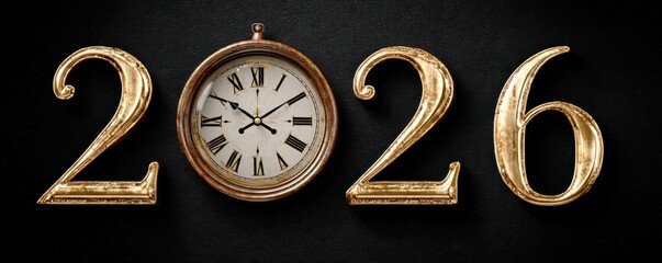 2026 gold numbers with a classic clock face evoke luxury, time, and festive New Year