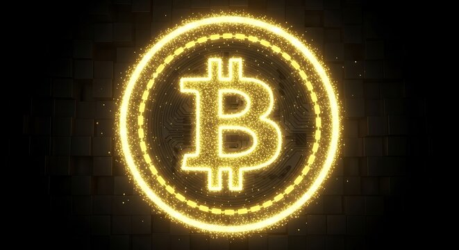 Glowing bitcoin symbol on a dark background with sparkles