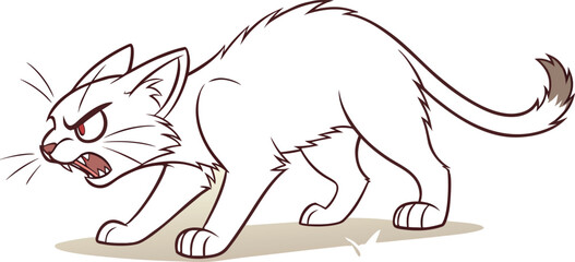 Angry cartoon cat hissing with arched back and sharp expression. Fierce feline illustration perfect for comics, mascot art, and expressive designs. Dynamic vector drawing full of energy and attitude.