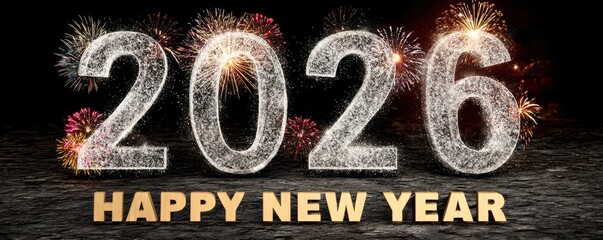 Happy New Year 2026 fireworks display with glittering numbers and gold lettering