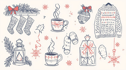 Cozy winter holiday elements vector illustration with fireplace stockings warm drinks christmas