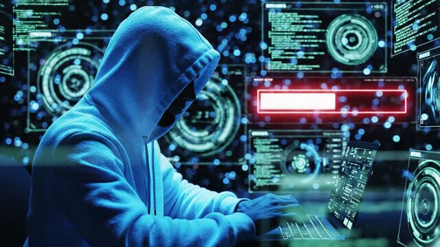 Hacker in blue hoodie working on laptop surrounded by futuristic digital interface and data screens