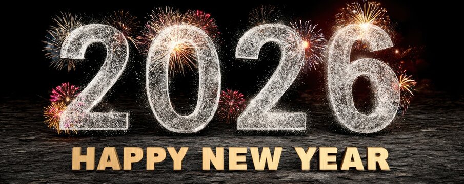 Happy New Year 2026 fireworks display with glittering numbers and gold lettering