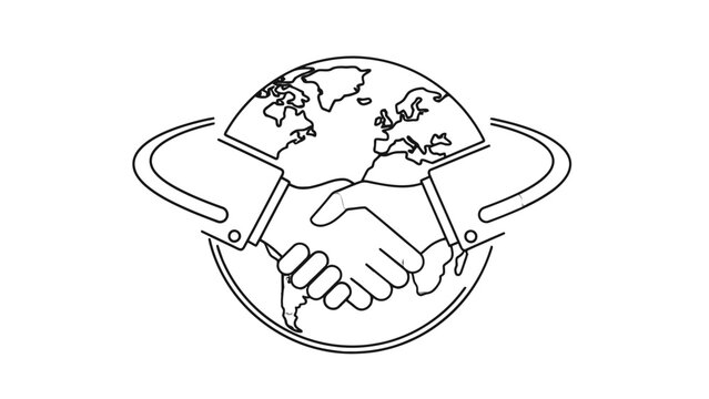 Line art illustration of a global handshake symbolizing international cooperation and partnership.