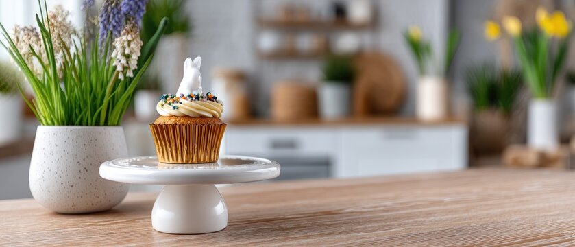 Decorated Easter cupcakes with colorful sprinkles and bunny figurine on a cake stand in a spring-themed kitchen - Powered by Adobe