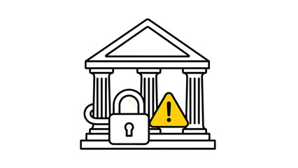 Illustration of a bank building with a padlock and a warning sign, symbolizing financial security concerns or risks.