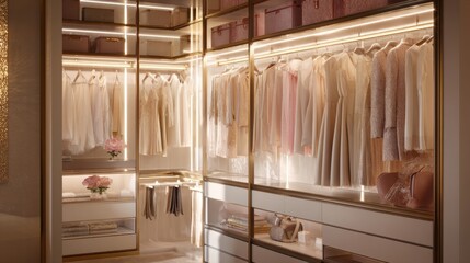 A well-organized closet showcases a variety of elegant clothing pieces, softly illuminated by warm lighting. The luxurious space is designed for optimal storage and ease of access.