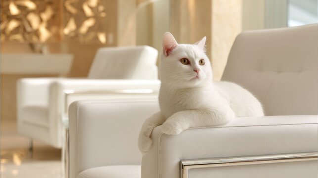 A serene white cat rests gracefully on the arm of a modern white chair in a chic interior, enjoying the soft light of day coming through large windows. - Powered by Adobe