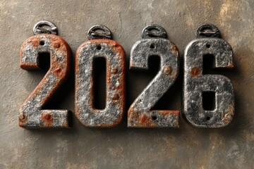 Rusty metal year numbers 2026 on a textured background with a vintage industrial look