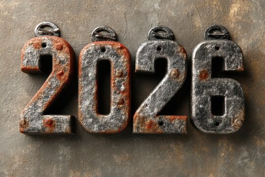 Rusty metal year numbers 2026 on a textured background with a vintage industrial look - Powered by Adobe