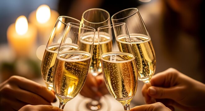 Champagne glasses clinking together in celebration with soft bokeh background