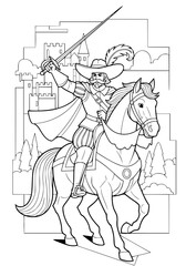 Fototapeta premium The Musketeer on horseback. coloring book