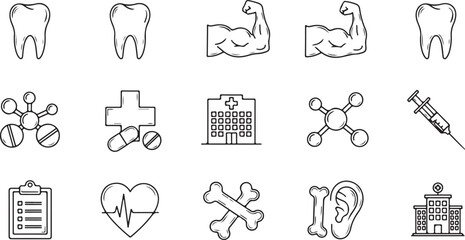 Medical and Health Icons: Teeth, Muscles, Hospitals, Syringes, and More