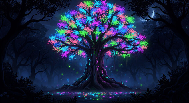 tree at night with colorful, glowing leaves