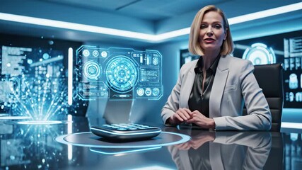 Professional businesswoman interacting with a futuristic holographic interface in a modern tech office - Powered by Adobe