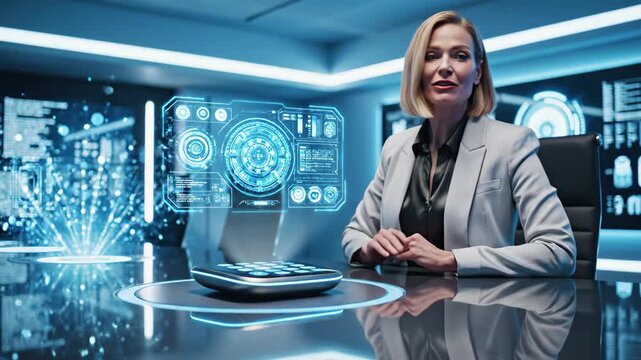 Professional businesswoman interacting with a futuristic holographic interface in a modern tech office - Powered by Adobe