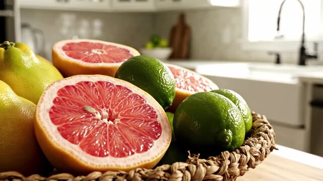 Fresh citrus fruits in a woven basket on a wooden kitchen counter with a modern sink and faucet