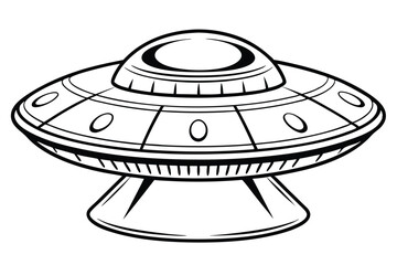 A black and white line drawing illustrates a classic, cartoonish UFO spacecraft design