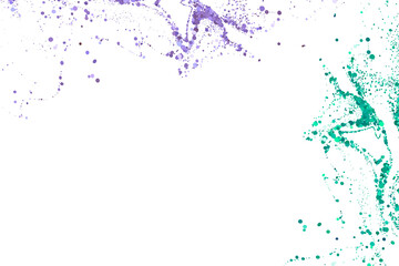 Abstract paint splatters in purple and green, isolated on transparent background