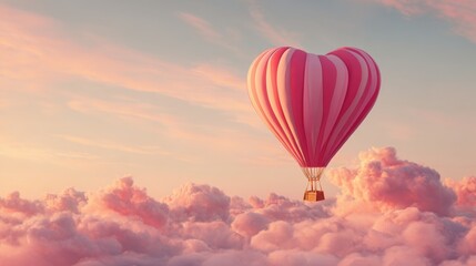 Fototapeta premium A heart-shaped hot air balloon drifts gracefully above clouds during a beautiful sunset. Soft pastel colors fill the sky, creating a serene and romantic atmosphere.