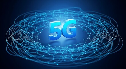 Glowing 5g symbol surrounded by a network of blue light trails