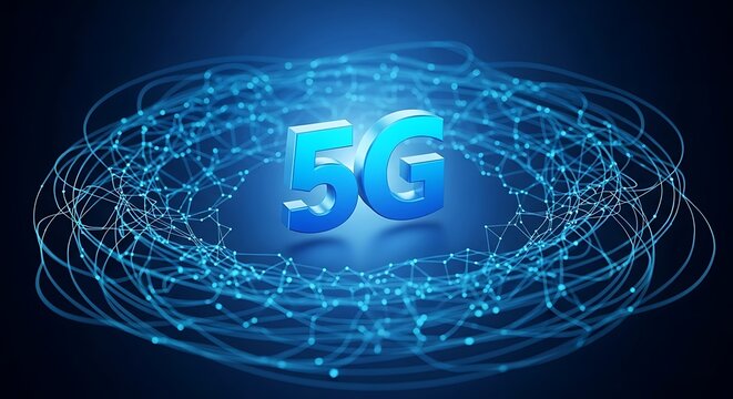 Glowing 5g symbol surrounded by a network of blue light trails